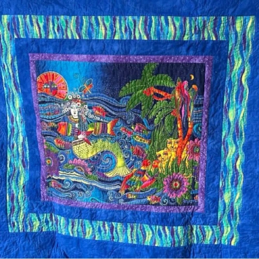 Vintage Handmade Mermaid Art Quilt/Blanket (Twin Size) w/ Fun Fish Backside